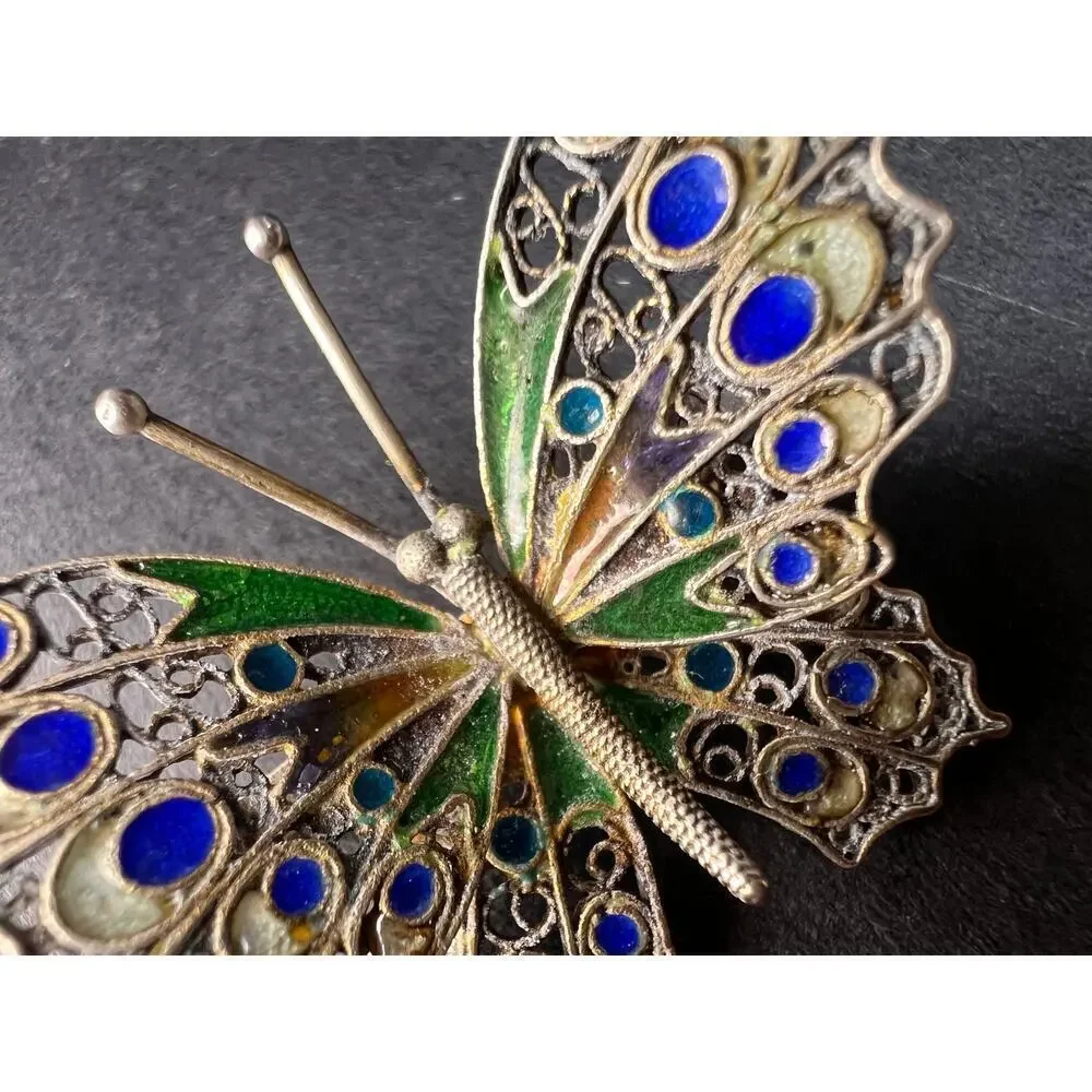 Vintage Alieti Adriana 800 silver Italian enameled filigree butterfly brooch pin